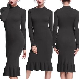 ROCOROSE Dark Gray Bodycon Mock Neck Long Sleeve Midi Ruffle Mermaid Dress M